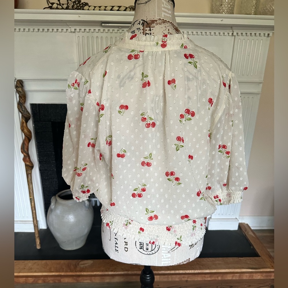 Joie Cherry Print Swiss Dot Peasant Blouse L Sheer Smocked Waist Cottage Flirty - Picture 15 of 16